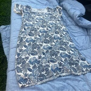Luisa Perla Made In Italy Crochet Trim Flutter Sleeve Blue Tan Linen Dress Large